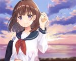  1girl bag bangs bird blue_sailor_collar blue_sky blush bottle breasts brown_hair closed_mouth cloud commentary_request eyebrows_visible_through_hair hair_between_eyes holding horizon long_sleeves looking_at_viewer medium_breasts medium_hair neckerchief original outdoors purple_eyes sailor_collar school_bag school_uniform seagull serafuku shirt sky smile solo standing sunset uniform white_shirt yushima 