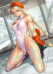  abs arikawa beret blonde_hair boots braid breasts cammy_white covered_nipples fingerless_gloves gloves hat impossible_clothes impossible_shirt kneeling leotard long_hair medium_breasts muscle pubic_hair puffy_nipples see-through shirt skin_tight solo street_fighter street_fighter_ii_(series) thighs twin_braids white_leotard 