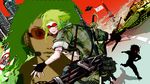  bad_id bad_pixiv_id bokura_no_16bit_warz_(vocaloid) caterpillar_tracks gatling_gun goggles green_hair ground_vehicle gumi gun ine_(namichidori) katana knife military military_uniform military_vehicle motor_vehicle short_hair smile sword tank tower ufo uniform vocaloid weapon 