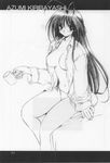  antenna_hair bed bleed_through blush cup doujinshi greyscale highres kiribayashi_azumi long_hair monochrome no_bra no_pants open_clothes open_shirt panties real_bout_high_school scan scan_artifacts shirt side-tie_panties sitting solo takegami_setsuna underwear 