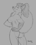  2019 aluminum_foil_(character) anthro breasts butt_pose canid canine claws female fox greyscale hand_on_butt hand_on_hip hi_res inner_ear_fluff looking_at_viewer looking_back mammal monochrome muscular muscular_female nipples nude ponytail portrait rear_view richard_foley simple_background smile solo three-quarter_portrait 