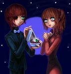  1boy 1girl blind blood blue_eyes bow bowtie brown_hair dress empty_eyes eyeball formal gift green_eyes guro hetero marriage_proposal original short_twintails star_(symbol) traditional_bowtie tuxedo twintails yukaman 
