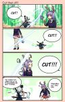  2girls 4koma =_= animal_ears ass bag bamboo bamboo_forest bangs black_eyes black_hairband black_neckwear black_ribbon black_sweater border breasts bunny_ears comic commentary cowboy_shot english_commentary english_text feet_out_of_frame food forehead forest gradient gradient_background green_background green_skirt green_vest gun hair_ribbon hairband hand_up handbag head_out_of_frame highres hitodama holding holding_food holding_gun holding_sword holding_weapon ice_cream katana konpaku_youmu konpaku_youmu_(ghost) long_hair lunatic_gun miniskirt multiple_girls nature neck_ribbon necktie open_mouth outdoors pink_border pink_skirt puffy_short_sleeves puffy_sleeves purple_hair red_eyes red_neckwear reisen_udongein_inaba ribbon scabbard sheath sheathed shirt short_hair short_sleeves silver_hair skirt skirt_set slashing small_breasts speech_bubble standing sweater sword thighs touhou trigger_discipline upper_body v-shaped_eyebrows vest weapon white_shirt wing_collar yoruny 