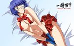  1920x1200 bed blue_hair blush bow bowtie eyepatch gloves highres ikkitousen ikkitousen_dragon_destiny lying no_bra ribbon ryomou_shimei short_hair skirt smile vector_trace wallpaper yuji_shiozaki 