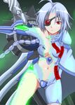  ahoge blazblue braid eyepatch mecha_musume nu-13 red_eyes shiina_you_(tomoshibi) skin_tight solo sword transformation weapon white_hair wings 