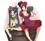  barefoot blue_eyes breasts brown_eyes choker cleavage dress fan flat_chest flower hair_flower hair_ornament hat kasa large_breasts long_hair midriff mini_hat mini_top_hat multiple_girls open_mouth original ponytail purple_hair sandals sitting sketch top_hat twintails 