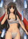  bandages bare_shoulders black_hair blue_eyes breasts collarbone eiwa fundoshi headband highres japanese_clothes large_breasts long_hair navel non-web_source ofuda queen's_blade sarashi smile solo tomoe 