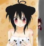  1girl akaito black_hair blood blush breasts lowres nosebleed red_eyes small_breasts vocaloid zatsune_miku 