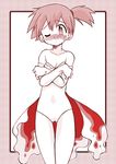  alternate_costume bare_shoulders blush cosplay costume covering covering_breasts crossed_arms elbow_gloves gen_1_pokemon gloves goldeen goldeen_(cosplay) gym_leader izumi_masashi kasumi_(pokemon) leotard monochrome one_eye_closed pokemon pokemon_(anime) red side_ponytail solo thigh_gap 