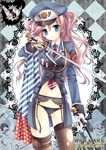  armband black_panties blue_eyes checkered curly_hair garter_belt germany hat heart iron_cross long_hair midriff military military_hat military_uniform nazi necktie original panties peaked_cap pink_hair solo thighhighs underwear uniform wnb_mark world_war_ii 