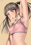  arm_up armpits blush breasts brown_hair chitose_(zenkou) covered_nipples dated looking_at_viewer orange_eyes original parted_lips ribs shiny shiny_skin small_breasts solo sports_bra twintails upper_body yellow_background zenkou 