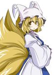  blonde_hair brown_eyes hands_in_opposite_sleeves hat long_sleeves multiple_tails open_mouth pillow_hat short_hair solo tail tassel touhou white_background wide_sleeves yakumo_ran yu-ves 