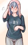  ;t blush breasts casual clothes_writing large_breasts long_hair older one_eye_closed rozen_maiden scratching shirt sigh silver_hair solo suigintou t-shirt towel towel_on_head tsuda_nanafushi 
