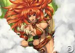  abs armor breasts cleavage eiwa headband large_breasts long_hair muscle muscular_female open_mouth queen's_blade red_hair risty shield smile solo watermark 