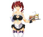  bare_shoulders blush breasts cleavage cleavage_cutout copyright_request food heart heart_cutout large_breasts maid midriff miniskirt pink_eyes red_hair ribbon skirt smile solo sum41 thighhighs twintails white_legwear 