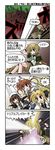  3girls 4koma bow cape comic eye_beam eye_pop fate_testarossa fingerless_gloves gloves hair_ornament hat jacket lyrical_nanoha magical_boy magical_girl mahou_shoujo_lyrical_nanoha_strikers minigirl monster multiple_girls open_clothes open_jacket red_bow sanari_(quarter_iceshop) takamachi_nanoha translated twintails wings x_hair_ornament yagami_hayate yuuno_scrya 