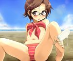  barefoot beach between_toes bikini blush brown_eyes brown_hair day feet food foot_hold front-tie_top glasses hair_ornament hairclip lens_flare masami-san_(regdic) original outdoors popsicle regdic short_hair soles solo spread_legs striped striped_bikini swimsuit toenails toes 