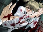 1girl blonde_hair blood blood_on_face bloody_clothes crazy crazy_eyes crazy_smile doh250r game_cg green_eyes grin guro knife male_hand pov seisai_~hakudaku_no_misogi~ short_twintails smile source_request stabbing sudou_nami twintails 