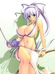  arrow bare_shoulders blue_eyes blush bow_(weapon) breasts cleavage covered_nipples fingerless_gloves gloves gunner-l hair_ribbon hairband hips huge_breasts legs long_hair looking_at_viewer majikina_mina navel ponytail quiver ribbon samurai_spirits sideboob snk solo thighs weapon white_hair 