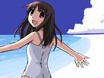  azumanga_daiou beach blue_sky brown_eyes brown_hair cloud day from_behind horizon kasuga_ayumu long_hair looking_back morichan one-piece_swimsuit open_mouth outdoors sky solo swimsuit water 