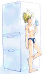  bad_id bad_pixiv_id barefoot blonde_hair blue_eyes bottle feet kagamine_len male_focus male_swimwear refrigerator sketch solo swim_briefs swimwear torajimaneko vocaloid 