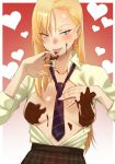  1girl blonde_hair blue_eyes blush breasts chocolate_on_breasts earrings gyaru heart jewelry licking long_hair looking_at_viewer necktie open_clothes original shirt_tucked_in skirt smile solo suruga_kreuz tongue tongue_out 