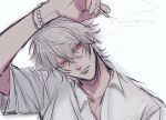  1boy aohitsugi_samatoki bracelet cigarette hypnosis_mic jewelry red_eyes shirt white_hair white_shirt 