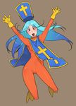  blue_hair bodysuit breasts cameltoe dragon_quest dragon_quest_iii g-room_honten gloves hat mitre orange_bodysuit priest_(dq3) red_eyes skin_tight small_breasts solo tabard 