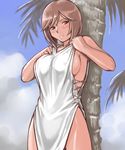  beach breasts brown_hair cleavage day dress heterochromia large_breasts older palm_tree rozen_maiden short_hair side_slit sideboob solo souseiseki tree tsuda_nanafushi 