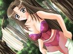  breasts brown_eyes brown_hair bustier forest large_breasts lingerie long_hair nature panties pantyhose underwear undressing 