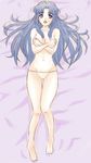  asakura_ryouko barefoot bed blue_eyes blue_hair breast_hold breasts esuyuki long_hair lowleg lowleg_panties medium_breasts panties smile solo suzumiya_haruhi_no_yuuutsu topless underwear underwear_only 