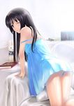  2009 akiyama_mio all_fours armchair bad_id bad_pixiv_id bare_shoulders bed_sheet bent_over black_hair blue_skirt book bunny chair from_behind highres k-on! laida long_hair looking_back one_eye_closed panties pantyshot pillow purple_eyes signature skirt solo strap_slip striped striped_panties stuffed_animal stuffed_bunny stuffed_toy sunlight underwear 