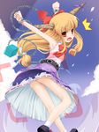  1girl armpits arms_up ass blonde_hair chain clenched_hands fangs horns ibuki_suika long_hair looking_back niiya no_panties orange_eyes petite solo touhou upskirt 