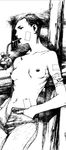  1girl bandage black_hair breasts highres hiroaki_samura leaning monochrome navel nipples no_panties short_hair small_breasts solo topless 