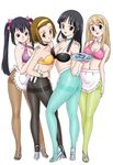  akiyama_mio apron ass black_bra black_hair black_legwear blue_legwear bra breasts brown_hair brown_legwear green_legwear hairband high_heels k-on! kotobuki_tsumugi large_breasts legs lingerie long_hair medium_breasts multiple_girls nakano_azusa no_panties pantyhose pink_bra shoes short_hair standing tainaka_ritsu thighband_pantyhose twintails underwear uraharukon yellow_bra 