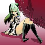  akanagi_youto bottomless breasts cleavage feet green_hair hair_ornament kneehighs kochiya_sanae large_breasts long_hair off_shoulder shadow sitting socks solo touhou yellow_eyes 