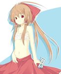  brown_hair flat_chest groin hakurei_reimu highres kitsune_(scaz) midriff navel ofuda red_eyes ribbon sarashi solo touhou 