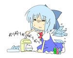  1girl bad_id bad_pixiv_id blue_hair cirno food ice_shaver kazetto lowres ribbon shaved_ice solo touhou wings 