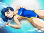  afloat bishoujo_senshi_sailor_moon blue blue_eyes blue_hair blue_innertube competition_swimsuit earrings innertube jewelry lying md5_mismatch mizuno_ami one-piece_swimsuit pirochi shiny shiny_clothes short_hair solo swimsuit water 