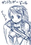  blue gun gunslinger_girl handgun kanaria monochrome oekaki parody pistol rozen_maiden sketch solo translated weapon 