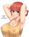  1girl absurdres armpits arms_behind_head arms_up bangs blue_eyes blush braid breasts cleavage closed_mouth english_text eyebrows_visible_through_hair genderswap genderswap_(mtf) hair_tie highres large_breasts looking_at_viewer medium_hair nas_(z666ful) nipples ranma-chan ranma_1/2 red_hair saotome_ranma see-through shirt simple_background single_braid smile solo tank_top upper_body white_background yellow_shirt 