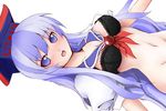  bad_id bad_pixiv_id black_bra blue_eyes blue_hair blush bra breasts cleavage groin hat kamishirasawa_keine lingerie long_hair medium_breasts open_clothes open_mouth open_shirt shirt shishigami_(sunagimo) sideways solo touhou underwear 