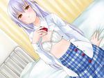  bed blush bra braid dutch_angle flat_chest game_cg ginta kagurazaka_tsukino lingerie long_hair open_clothes open_shirt plaid plaid_skirt pure_x_cure school_uniform shirt silver_hair sitting skirt smile solo underwear undressing white_bra yellow_eyes 