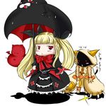  :&lt; animal_ears animal_themed_umbrella black_umbrella blazblue blonde_hair blush_stickers bow braid cat_ears cat_tail chibi claws dress gii highres hood long_hair masatora009 multiple_girls nago rachel_alucard red_bow red_eyes red_wings ribbon tail taokaka twintails umbrella wings 