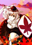  animal_ears autumn_leaves bad_id bad_pixiv_id blue_sky blush falling_leaves foro_(planet_cage) hat inubashiri_momiji leaf looking_at_viewer pom_pom_(clothes) red_eyes shield silver_hair sky solo tokin_hat touhou wolf_ears 