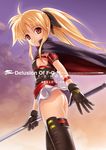  40010prototype ass bardiche belt blonde_hair cape fate_testarossa gloves long_hair lyrical_nanoha mahou_shoujo_lyrical_nanoha mahou_shoujo_lyrical_nanoha_a's open_mouth red_eyes skirt solo thighhighs twintails 
