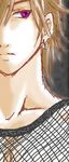  brown_hair close-up earrings fishnets hair_over_one_eye jewelry lowres male_focus purple_eyes rockman rockman_x solo vava 