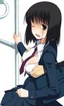  1girl a1 black_hair blush bra breast_grab breasts chikan grabbing green_eyes hetero lingerie medium_breasts molestation necktie one_eye_closed saki short_hair skirt solo_focus tears touyoko_momoko tsuruga_school_uniform underwear wince 