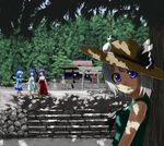  alternate_costume bokuden cirno contemporary crossover dappled_sunlight furude_rika hanyuu hat higurashi_no_naku_koro_ni hitodama konpaku_youmu konpaku_youmu_(ghost) multiple_girls shade shrine stone_lantern straw_hat sunlight torii touhou tree tree_shade 