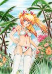  bikini blonde_hair blue_eyes breasts cameltoe covered_nipples day flower from_below long_hair medium_breasts nagano_shin'ya original palm_tree solo swimsuit thighhighs traditional_media tree twintails 